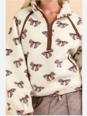 NEW IN Bow Print Sherpa Fleece Pullover Jacket Large Half Zip Cozy Cabin Camping